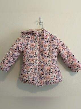Little Beginnings Pink Purple Cat Print Girls Puffer Jacket